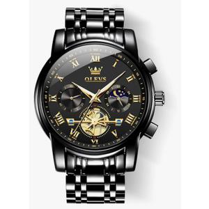 OLEVS Watches Men Waterproof Luxury Big Face Mens Watch Stainless Steel Quartz Analog Dress Watches for Men Luminous Multifunction Man Watch Relojes De Hombre, Black Stainless Steel 