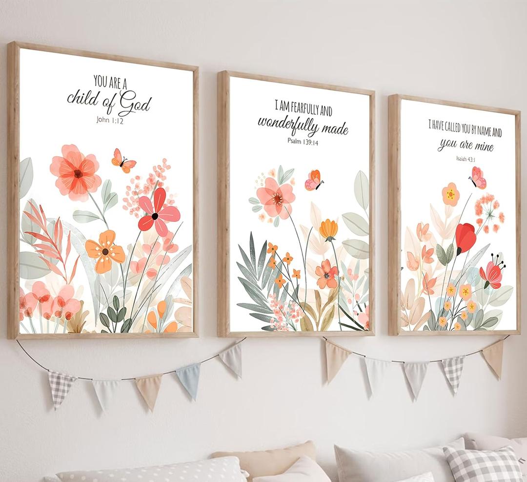 3Pcs Christian Nursery Canvas Wall Art Pictures Bible Verse Floral Posters Prints Boho Wildflower Painting Vintage Flower Scripture Wall Decor for Girls Room Living Room Bedroom 16x24in Unframed (24L" x 16W")