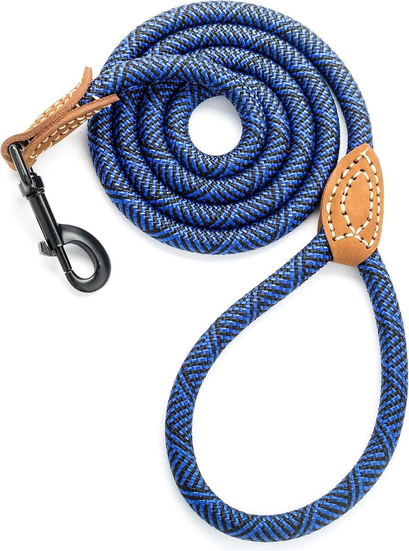 Mile High Life Rope Leash with Genuine Leather Connection, 6 FT/5 FT/4 FT, Heavy Duty Leash for Medium & Large Dogs (Blue, 72 Inch)