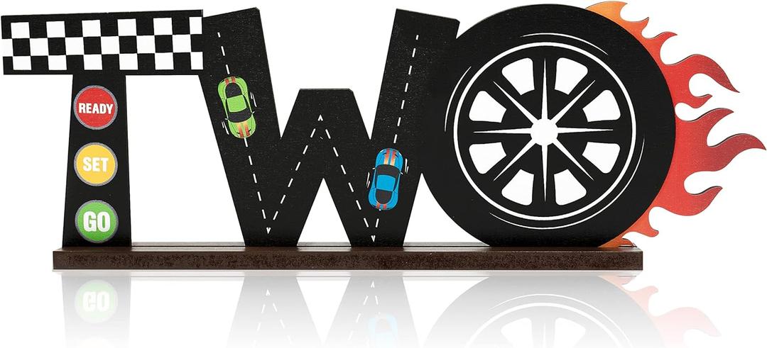 OSNIE Race Car Two Letter Sign Wooden Table Centerpiece Lets Go Racing Checkered Theme 2nd Party Supplies Decoration Milestone Cake Smash Photo Props for Kids Boys Two Years Old Birthday