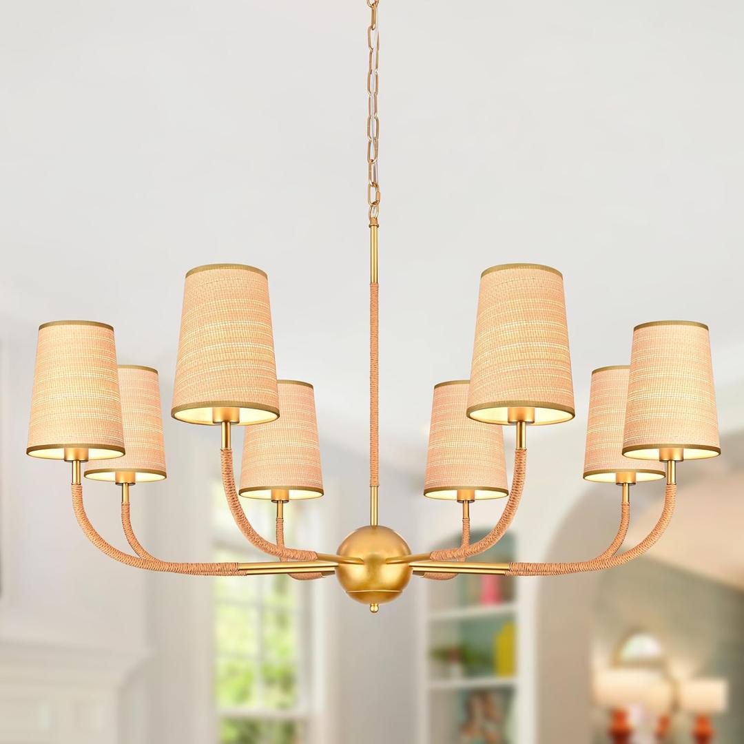 39" Gold Boho Rattan Chandelier for Living Room 8-Light Large Coastal Boho Pendant Light Fixture Bedroom Adjustable Rustic Farmhouse Chandeliers for Dining Room Kitchen Island Foyer