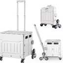 Foldable Utility Cart with Stair Climbing Wheels,Folding Portable Rolling Crate Handcart with Aluminium Alloy Telescoping Handles, Handcart for Grocery Book File Tool Art Supplies (White)