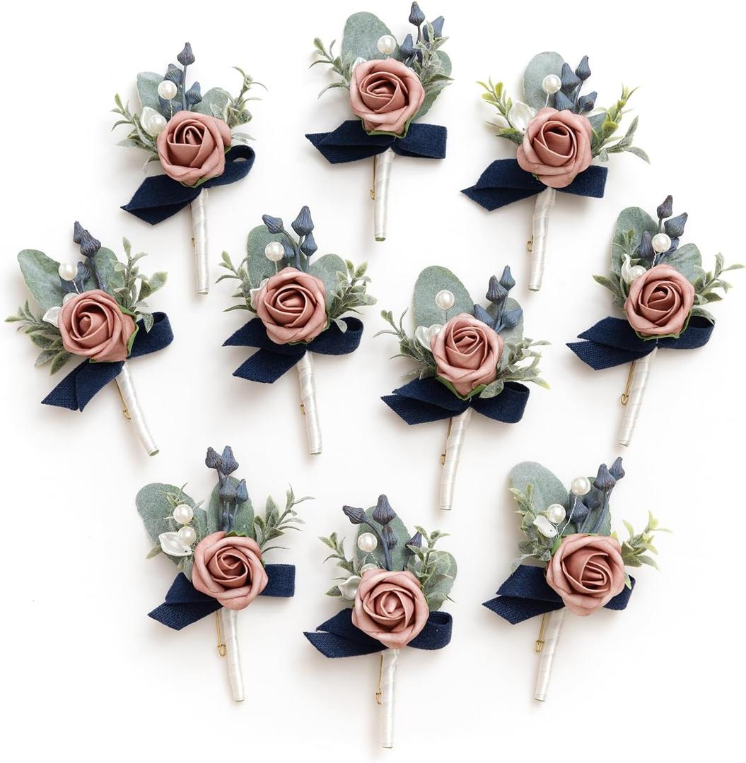 Ling's Moment Boutonniere for Men, 10pcs Groomsmen Guest Boutonniere, Artificial Flowers for Wedding Dcor/Prom/Homecoming,etc.Dusty Rose Navy Blue