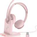 Wireless Headset with AI Noise Cancelling Microphone Bluetooth Headset - Bluetooth V5.2 Headphones with USB Dongle, Charging Base & Mic Mute for Computer/Laptop/PC/iPhone/Android/Cell Phones (Pink)