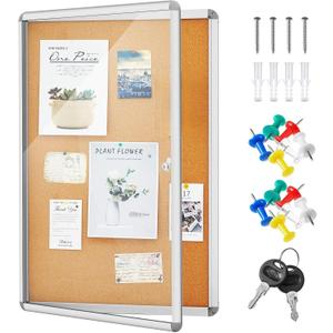 Geetery 36 x 24 Inch Enclosed Bulletin Board with Locking Door Fabric Cork Outdoor Bulletin Board Lockable Display Case, Tamperproof Aluminum Frame Noticeboard Wall-Mounted for School, Office