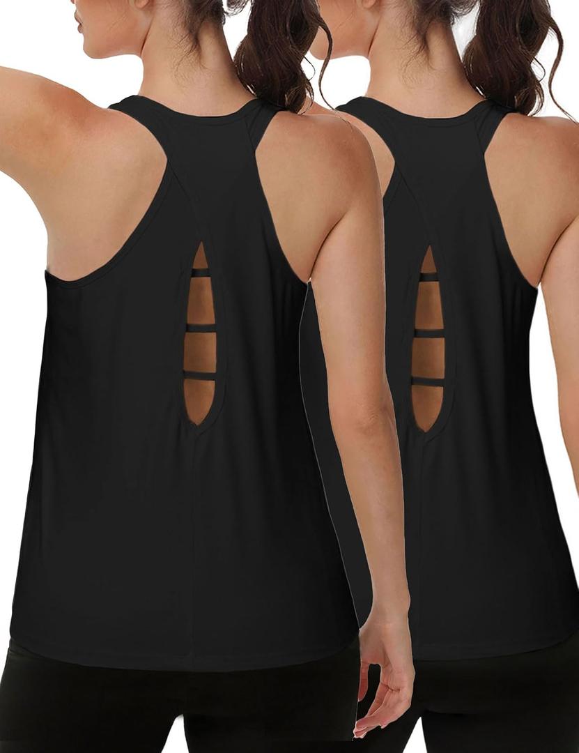 YOYOYOGA Tank Tops for Women Open Back Running Tops Workout Shirts 2 Packs (Black, M)