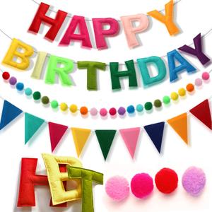 Pre-Strung Happy Birthday Banner, Felt Ball Garland Happy Birthday Garland, Rainbow Decorations Decor Party Pennant, Multicolor Bunting String Triangle Flags Bulk Rainbow Bunting (Colorful)