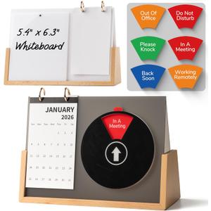 Desk Status Indicator for Office - 3-in-1 Privacy Sign with 6 Meeting Statuses, 2026 Desktop Monthly Calendar & Magnetic Acrylic Dry Erase to-Do Board, Solid Wood Base for WFH Cubicle, Black (U-sharp Stand)