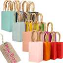 Qiqee 32 Pcs Mini Paper Gift Bags with Handles 6"x4.5"x2.5" Small Brown Kraft Party Favor Bags 16 Different Senior Color Rainbow Treat Bags Multiple Uses (Mini size)