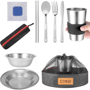 Outdoor Camping Mess Kit - 1 to 2 persons Camping Dishes Includes Cups, Bowls, Dishes, Knives, Forks, Spoons, Etc, Camping Dinnerware Set with Mesh Bag is Easy to Carry Camping Tableware Set (1 person set black)