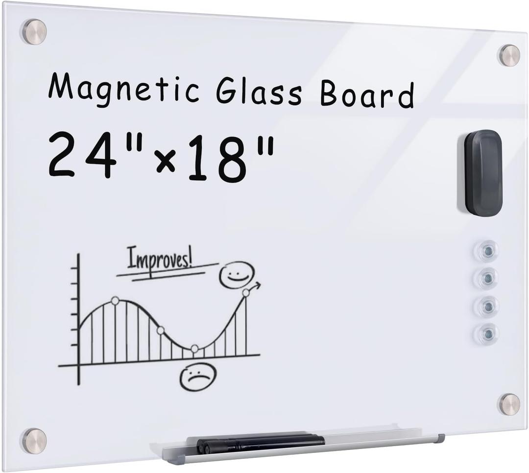 Mifuro Magnetic Glass Whiteboard24"x18" Wall Mounted Frameless Dry Erase Board for Office, Home & School Ultra White