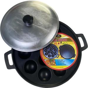 Banh Khot Pan with Lid (Khuon Banh Khot) – 8-Cup Vietnamese Pancake Mold, 25 cm Round Aluminum Pan, ~2.36" Cups, Classic Domed Aluminum Lid, for Gas/Electric Stovetop, Home Street-Food Snacks