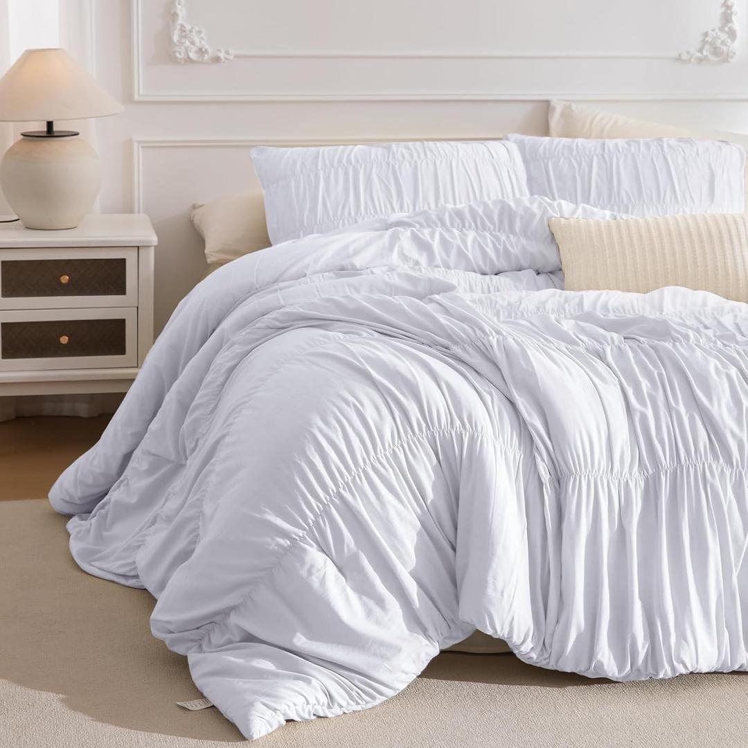 Masaca Oversized King Comforter 128x120,White Ruched Ruffle Bedding Comforter,3 Pieces Vintage Farmhouse Lightweight and Soft Shabby Farmhouse Chic Bedding Set for All Season