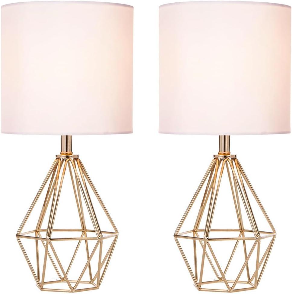 COTULIN Set of 2 Gold Bedroom Small Table Lamp,Modern Bedside Nightstand Lamps with Geometric Metal Base White Fabric Shade,Cute Desk Lamp for Kids Living Room