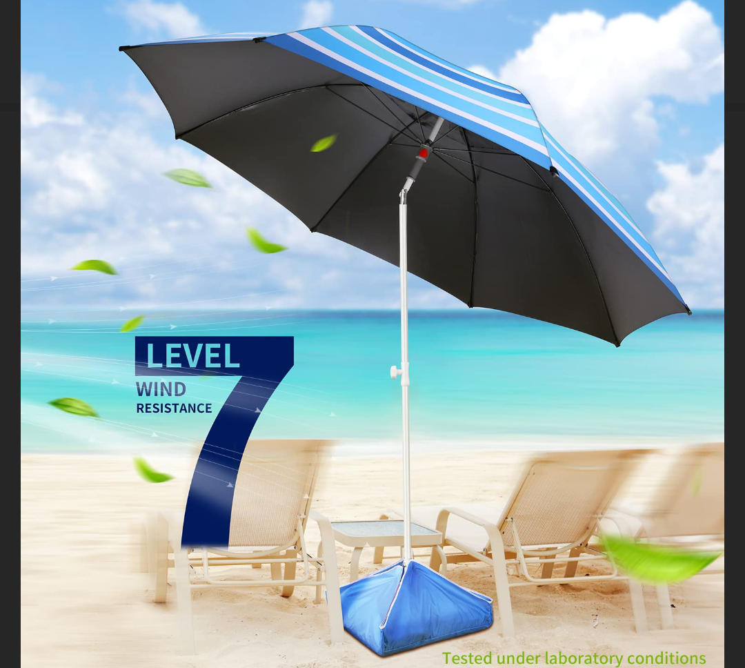 8FT Large Beach Umbrella, Portable Outdoor Umbrella with UPF50+ UV Protection, Sandbag, Air Vents, Sand Anchor, Push Button Tilt Pole, Windproof Sunshade Shelter for Beach, Sand, Patio, Yard
