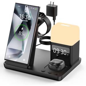 Wireless Charger for Samsung/Android Charging Station, 6 in 1 Fast Watch Charger with Alarm Clock-Night Light, Compatible for Galaxy S25 Ultra/S24, Only for Samsung Watch8/7, Galaxy Buds3 Pro(Black)