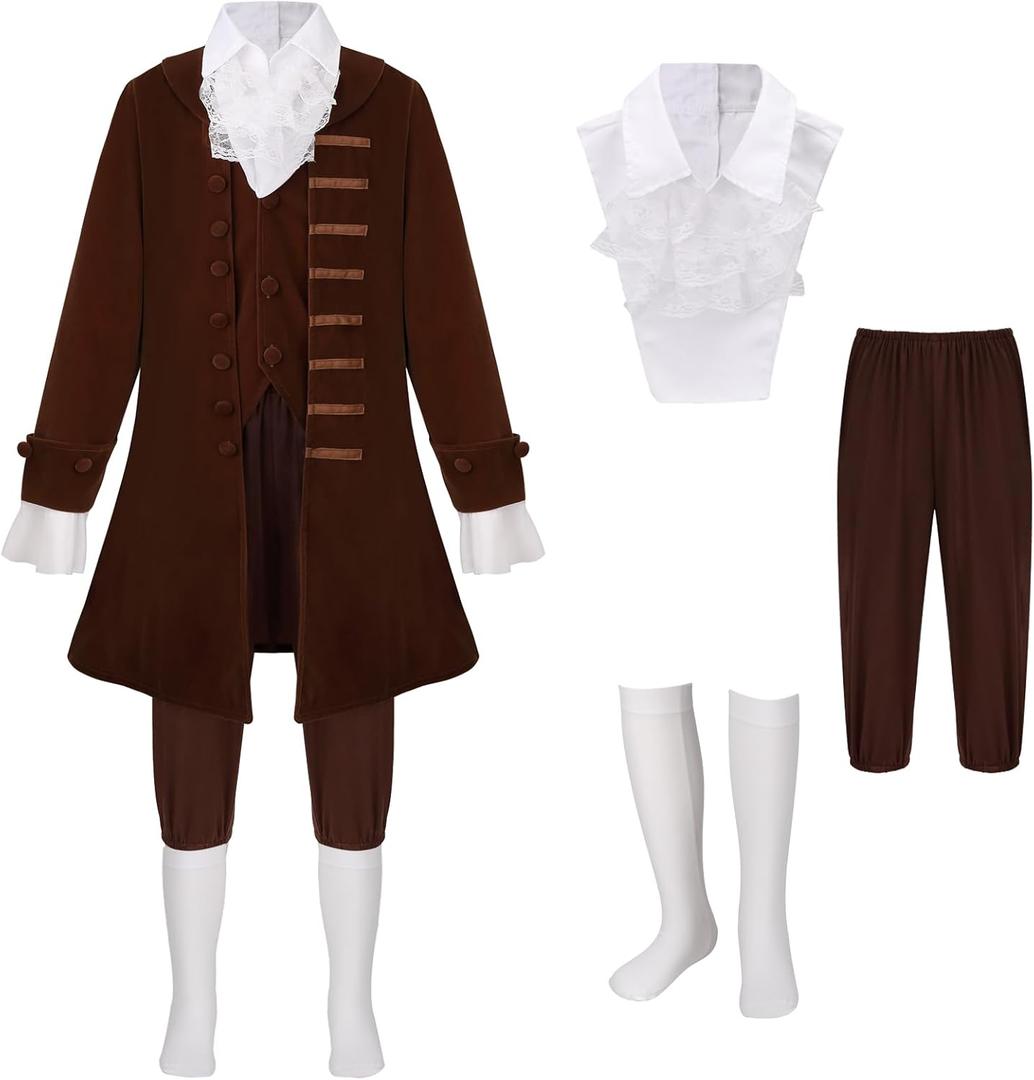 GRAJTCIN Kids Benjamin Franklin Costume Boys Colonial Outfit Halloween Party Dress Up Historical Characters Cosplay (7-8Y, Brown)