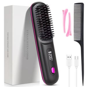 Go Brush Pro, 2026 Cordless Hair Straightener Brush 3 Adjustable Temperature Portable USB Charging Straightener Suitable for All Hair Types (Light Black)