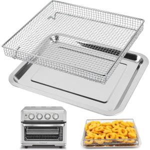 YQL Stainless Steel Air Fryer Basket and Tray Set, Compatible with Cuisinart TOA-60 TOA-65 TOA-70, Mesh Wire Rack & Baking Pan Replacement for Convection Toaster Oven, Dishwasher Safe
