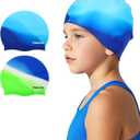 Swim Cap Kids (2 Pack), Durable Waterproof Swimming Cap for Girls Boys Teens Toddler Aged 3-15, Comfortable Fit Kids Swim Cap for Long Hair and Short Hair, Silicone Swim Caps for Kids Toddler (Green & Blue-green)