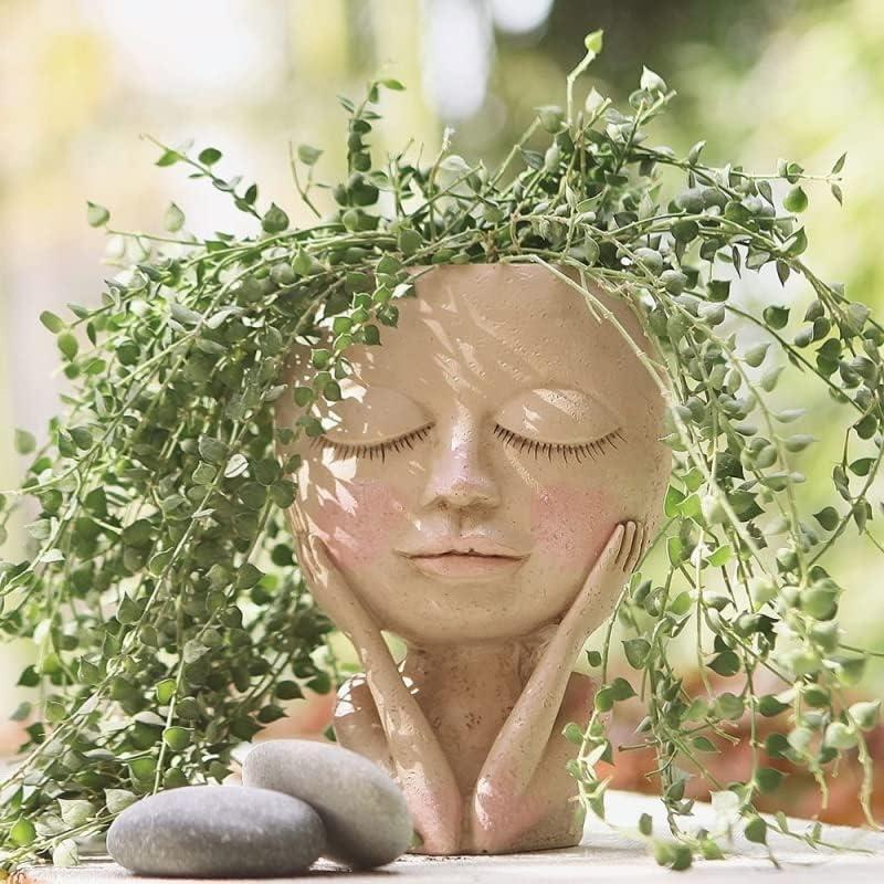 Face Planter Pot Head Planter - Cute Lady Face Succulent Planters for Indoor and Outdoor Plants, Resin Vine Planters Funny Head Plant Pot for Home Garden (Corlor A)