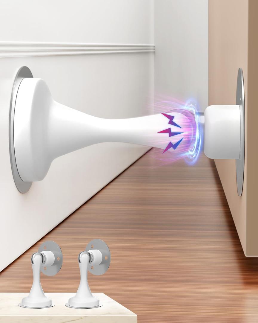 Door Stoppers, Magnetic Door Stop 2 Pack Adhesive Stick & Screws Stainless Steel, Door Stop Holder to Keep Door Open Wall & Floor Mount, Magnetic Door Catch Stoppers for Bottom of Door, White