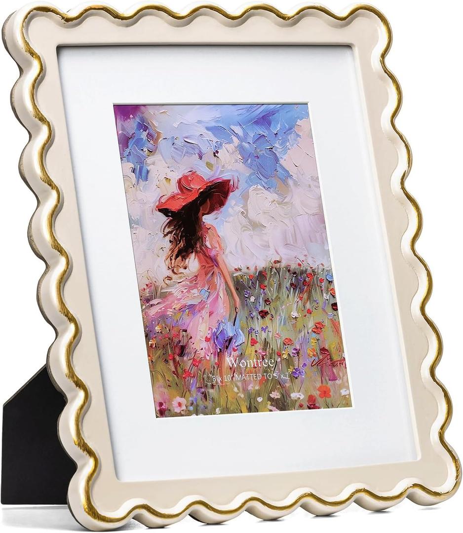 8x10 Picture Frame in Beige with Shinning Gold Wavy Edge, Resin Frame with Real Glass, Display 8x10 Photos Matted to 5x7, Vertical and Horizontal Desk Tabletop or Wall Hanging