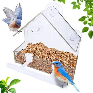 WLLKOO Window Bird Feeder, Bird House for Outside with 2 Rod, Small Acrylic Window Bird Feeder with Strong Suction Cups and Drain Holes 5.9 * 2.4 * 5.9 inch (1 Pack)