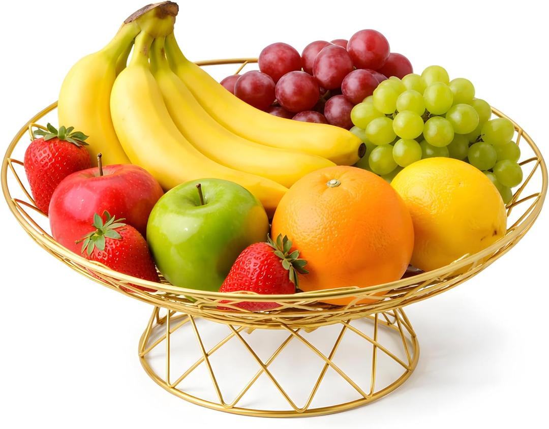 Large Metal Wire Fruit Bowl, 12-inch Round Mesh Fruit Basket for Kitchen Countertop, Modern Decorative Bread Vegetable Storage Holder Organizer, Elegant Gold Iron Art(Gold)