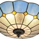 Tiffany Style Ceiling Light 16 Inch 3-Lights Stained Glass Flush Mount Ceiling Light for Bedroom Dining Room Living Room