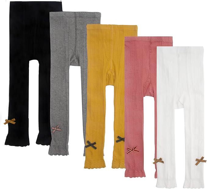 5 Pack Toddler Girls Cotton Cable Knit Leggings Classic Solid Footless Tights Ankle Length Pants for Kids