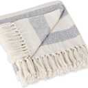 DII Rustic Farmhouse Cotton Cabana Striped Blanket Throw with Fringe, 50 x 60 - Cabana Striped Off-White with French Blue