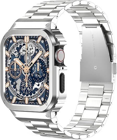 Metal Band Compatible with Apple Watch Band  45mm for Series SE/SE2 9 8 7 ,Stainless Steel iWatch Band with Bumper Case for Men,Metal iWatch Strap with Metal Protective Cover (45mm(Series 9/8/7), Silver)