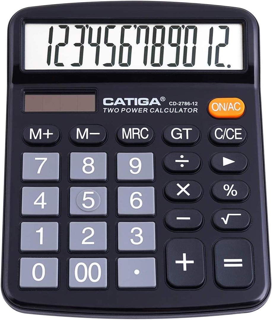 CATIGA 12 Digits Desktop Calculator with Large LCD Display and Sensitive Button, Dual Solar Power and Battery, Standard Function for Office, Home, School, CD-2786 (Black)