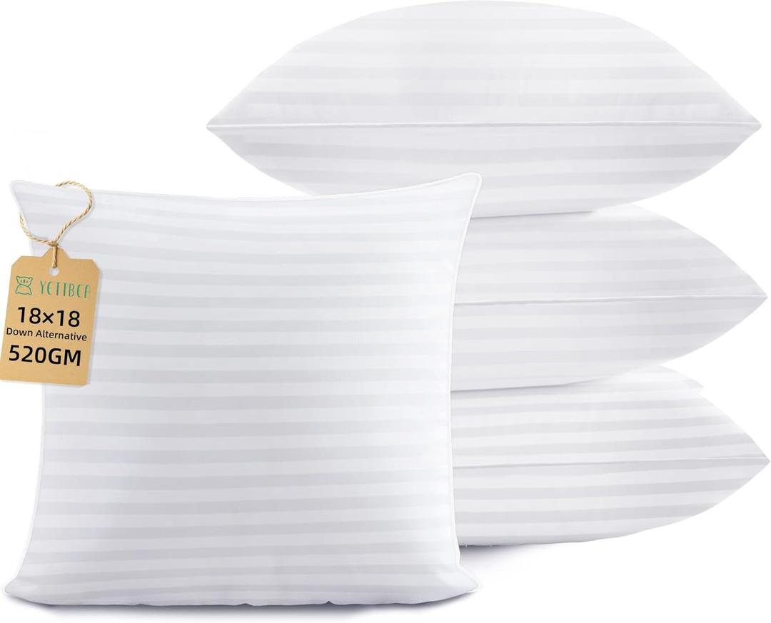 Pillow Insert Set of 4,Indoor Decorative 18x18 Throw Pillow for Couch, Sofa, Bed, Supportive Cushion and Sham with Premium Down Alternative Filled, White Striped