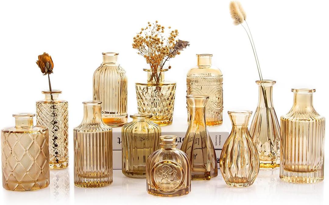Gold Amber Glass Bud Vases Set of 12, Small Vases for Flowers, Champagne Mini Vintage Vases for Centerpieces, Bud Vase in Bulk for Wedding Decor, Single Flowers, Office and Home Table Flower Decor (12pcs-gold Amber)