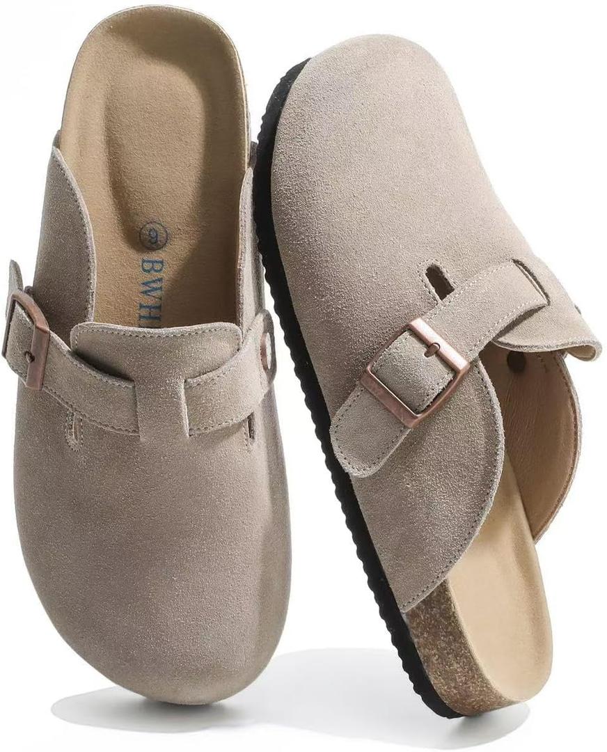 Suede Clogs for Women Leather Mules with Cork Footbed Arch Support Potato Shoes Men Womens Slip-On Clog with Adjustable Buckle Unisex Slippers Flats (M)