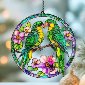 Parrot Flower Acrylic Suncatcher Hanging Christmas Ornament Stained Glass Effect Window Car Indoor Outdoor Decor Garden Sun Catcher Gifts Nature Lover Decorations for Women Mom Grandma