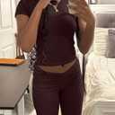 AYWA Women's 2 Piece Lounge Sets Short Sleeve Crop Top Foldover Flare Pants Casual Pajama Outfits (Brown, XXL)