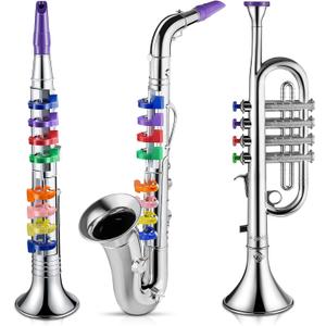 3 Pcs Kids Instruments Musical Toy Saxophone Trumpet Clarinet with 8 Color Coded Keys Educational Teaching Songs Gifts for Boys Girls Children Toddler Beginner Birthday Concert Party(Silver)