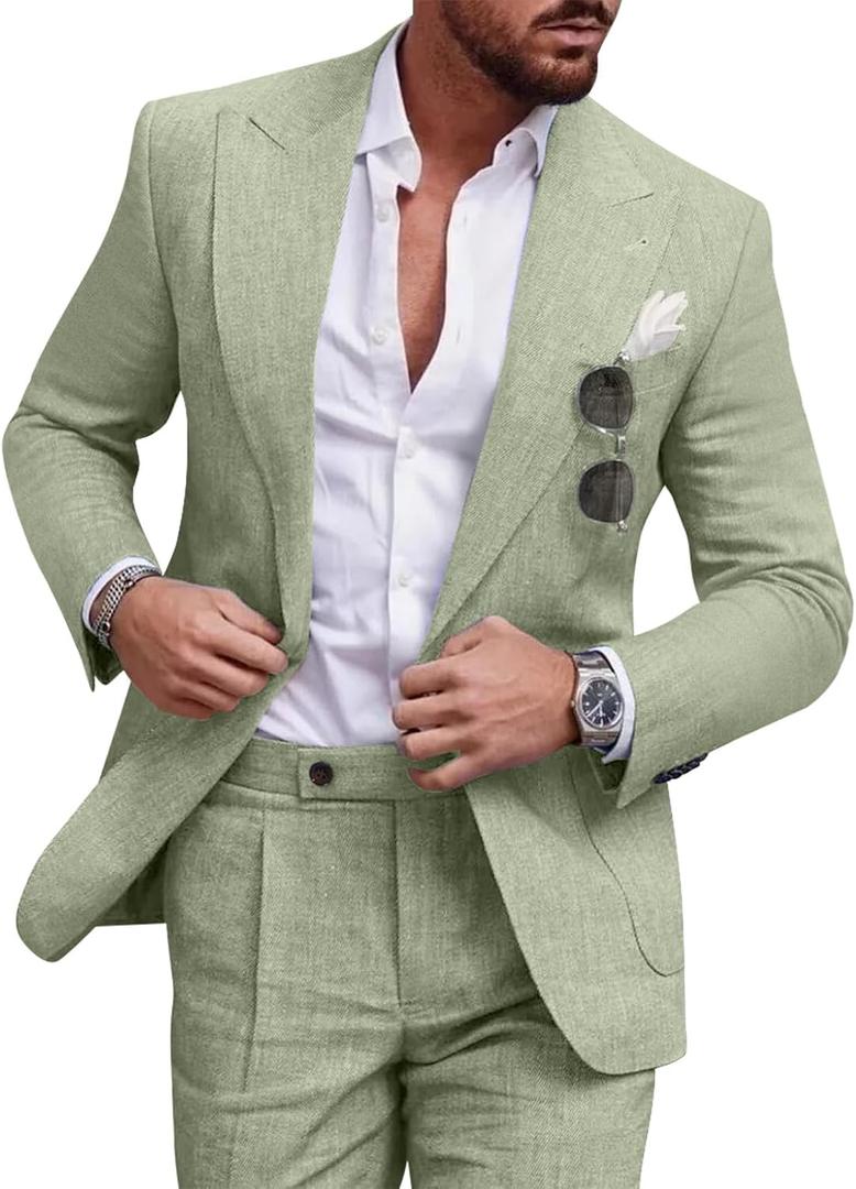 Linen Men's Suit Set Casual Tuxedo 2 Piece Regular Fit Blazer One Button Solid Jacket and Pants for Prom Wedding Party (Light Green, L)