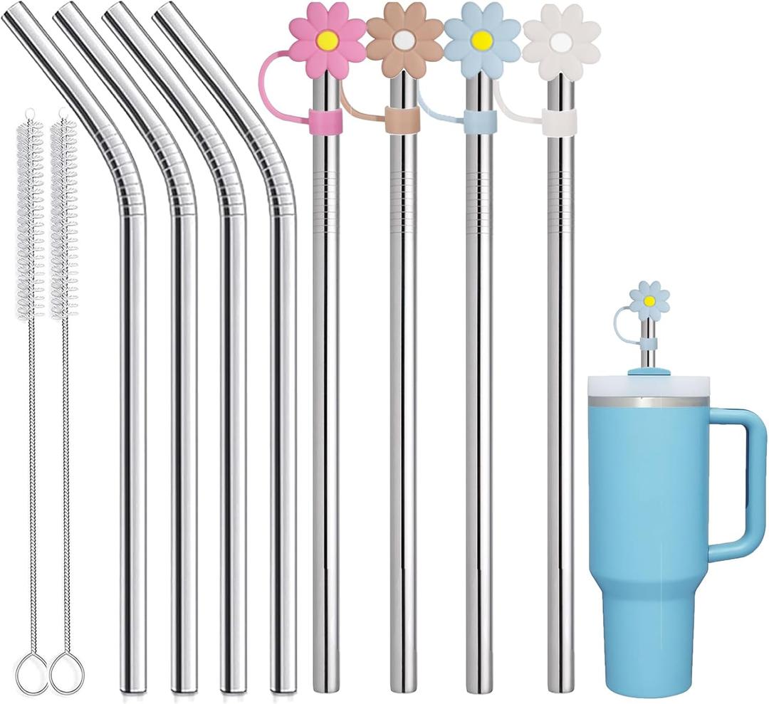 8 PCS Stainless Steel Straw compatible with Stanley 40oz Adveture Quencher Tumbler, 12 inch Replacement Straw with 8 PCS Flower Straw Cover, Metal Straw compatible with Stanley 30oz (Cream, Pink, Blue, Brown)