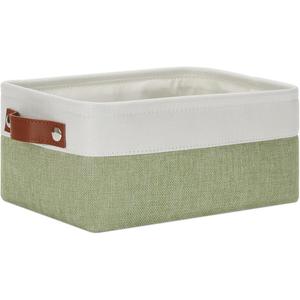 DULLEMELO Small Storage Basket, Fabric Collapsible Gift Storage Basket for Shelves, Closets, Nursery, Home, Office Organizing, Small Canvas Linen Rectangular Storage Bin with Handles (White&Green) (Small-11.8"x7.9"x5.1")