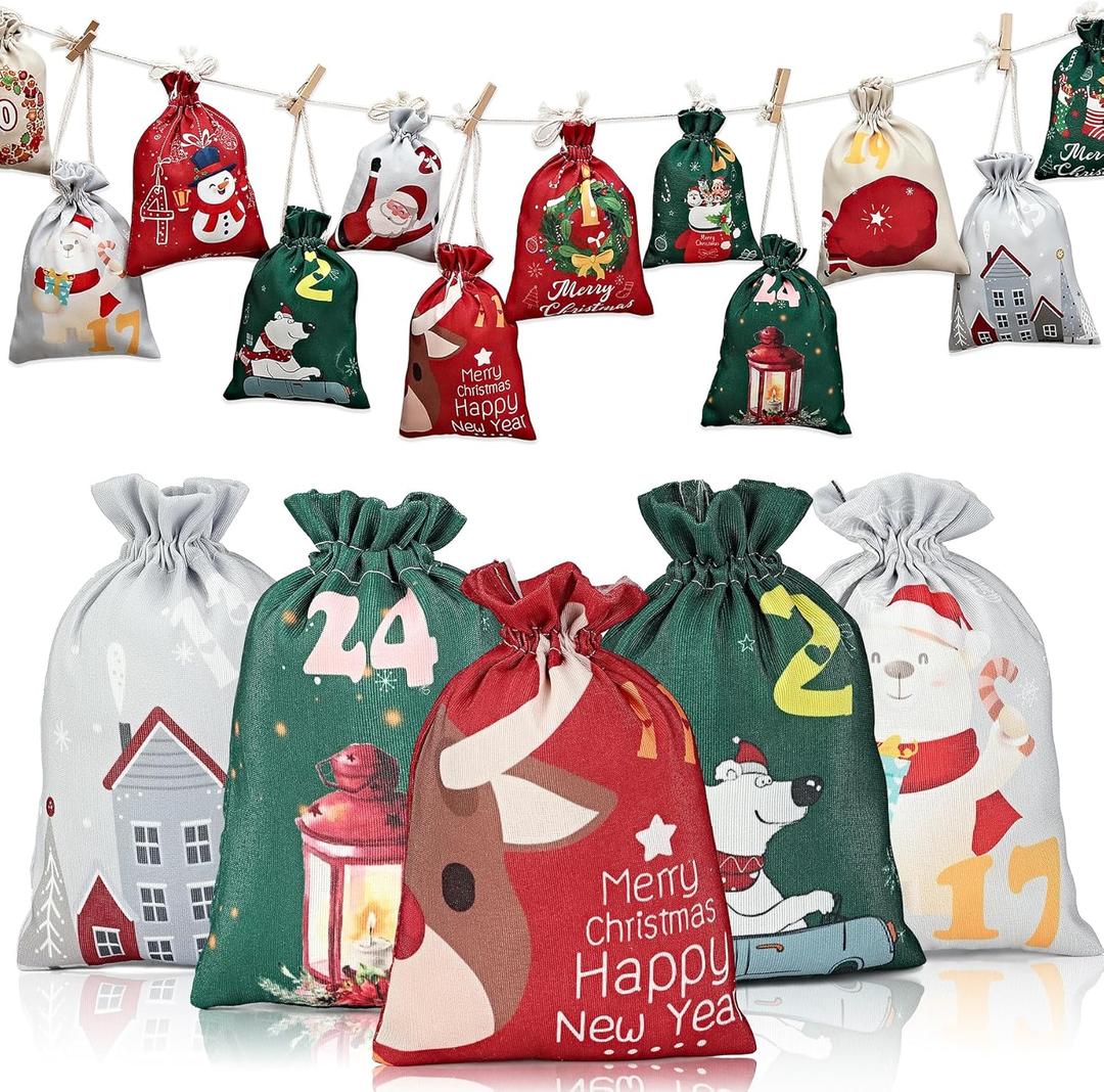 Gmngis 24-Piece Christmas Burlap Gift Bags with Drawstrings - Assorted Treat Bags for Advent Calendar, Winter Holiday, Party Favor
