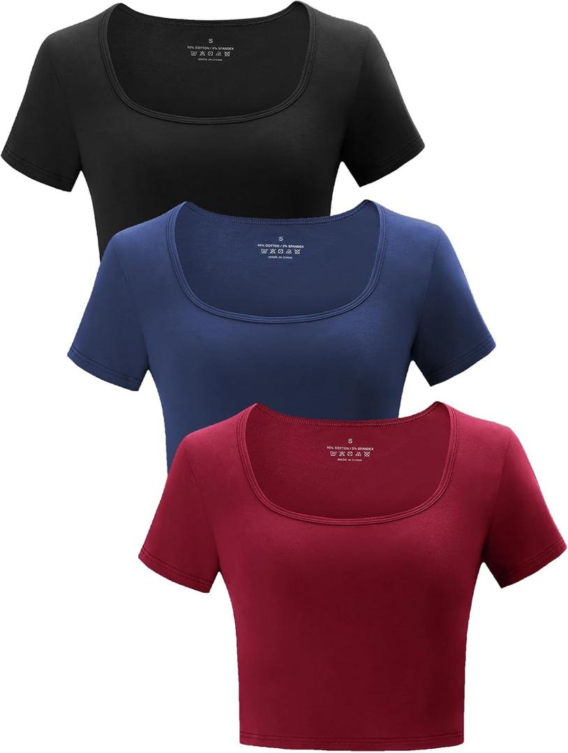 3 Pack Women's Crop Tops Workout Tshirt Cotton Short Sleeve T Shirts Cropped Basic Tees ((Square Neck) Burgundy/Navy/Black)