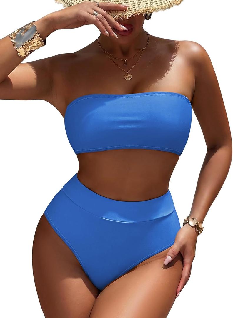 Pink Queen Women's High Waist Bikini Set Removable Strap Bandeau Two Piece Swimsuit Bathing Suit, Blue, L