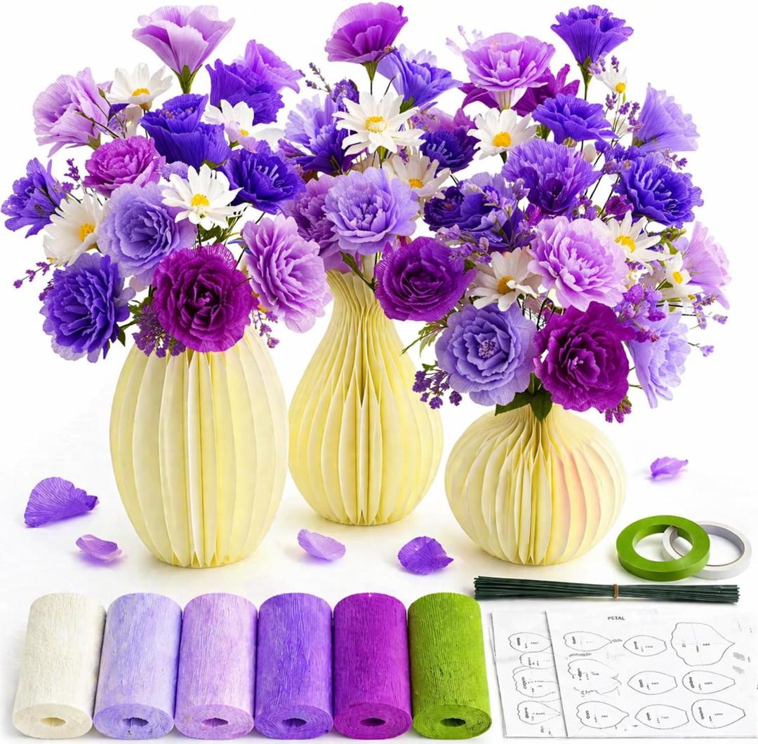 Crepe Paper Flower Making Kit, Complete DIY Craft Aesthetic Gift with 3 Vises & Supplies to Make 30 Flowers, Sensory Arts Spring Mother Day Gift Idea for Adults, Couples, Friends, Women(Purple)