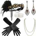 BABEYOND 1920s Flapper Accessories Gatsby Costume Accessories Set 20s Flapper Headband Pearl Necklace Gloves (Black Gold)