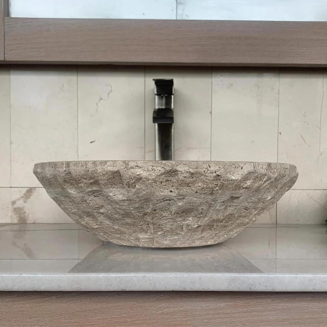 Natural Tan Travertine Vessel Sink  Modern Rustic Chiseled Round Bowl Bathroom Sink  Hand-Carved Marble  Real Stone Basin