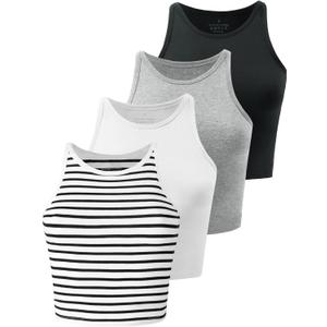 Kole Meego Crop Tops For Women Workout Cropped Tank Top High Neck Camisole Yoga Shirts Athletic Undershirts 4 Pack (Small, Black/White/Grey/Striped)
